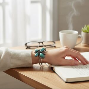 Butterfly Cuff Bracelet Silver Tone Turquoise Stones Boho Western Jewelry